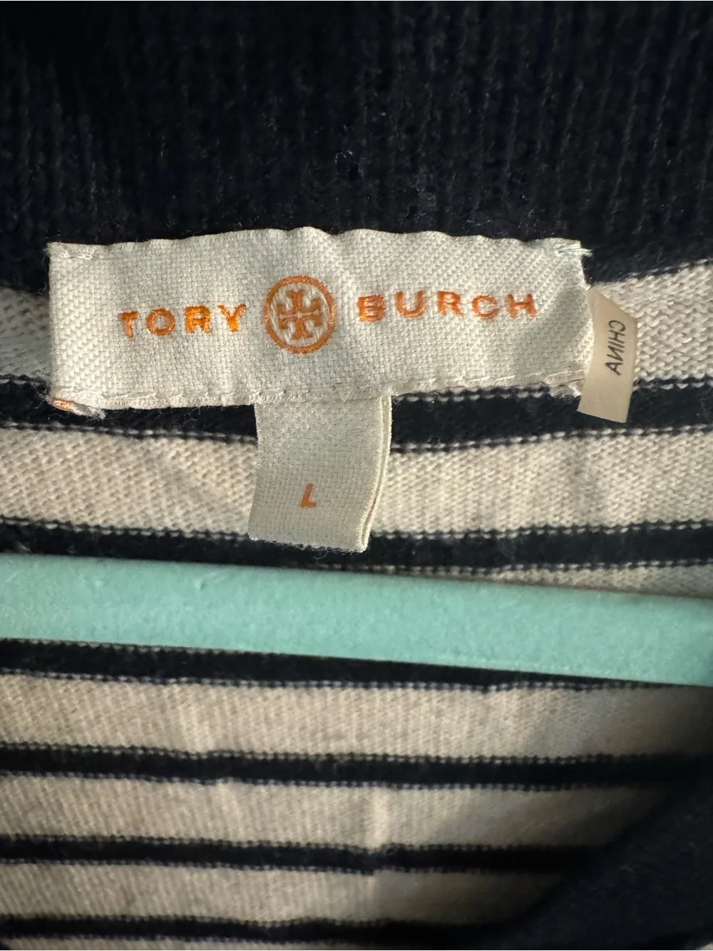 Tory Burch Navy and Cream Striped V-Neck Sweater